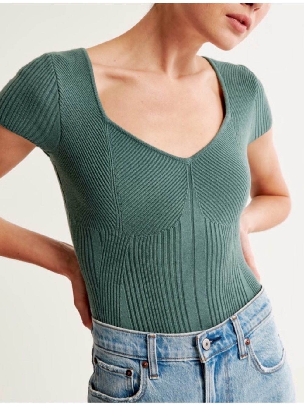 Abercrombie & Fitch Short-Sleeve Sage Green Sweetheart Sweater Bodysuit